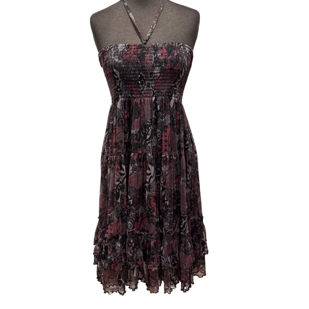 Lapis Womens Smocked Halter Dress Maxi Skirt Burgundy Black Paisley Floral ‎ M